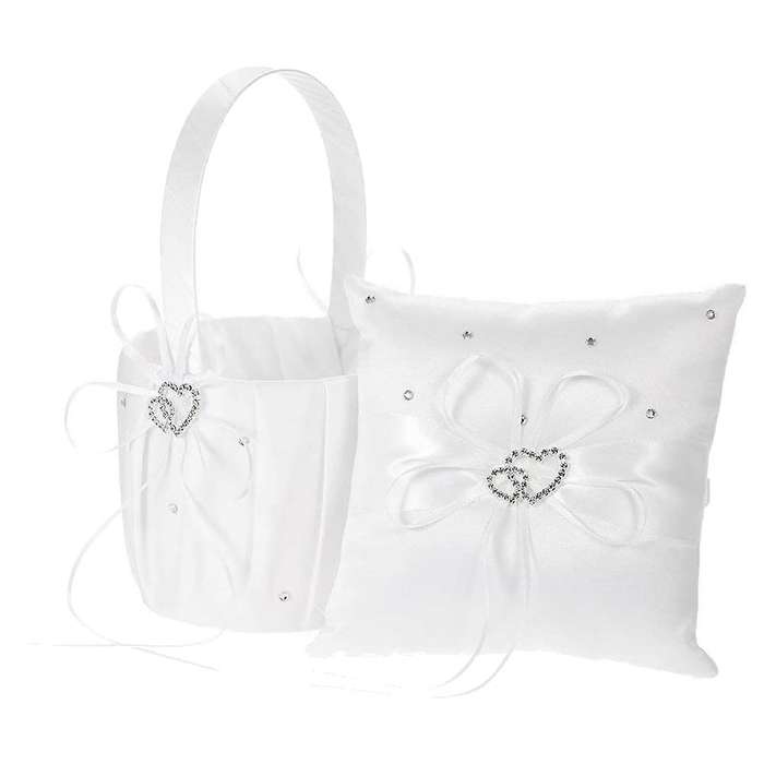 Double Heart Satin Ring Bearer Pillow and Wedding Flower Girl Basket