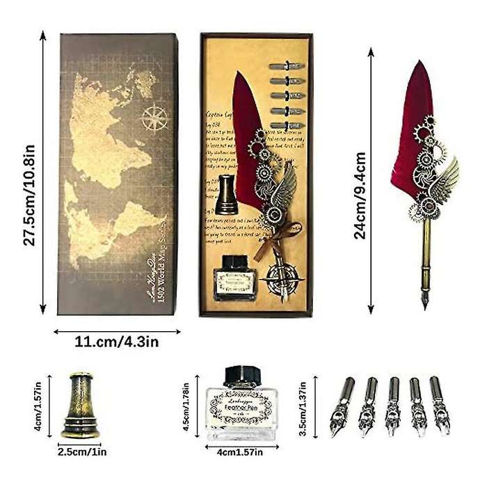 Antique Quill Feather Set Steampunk Calligraphy Pen Set Wine Red