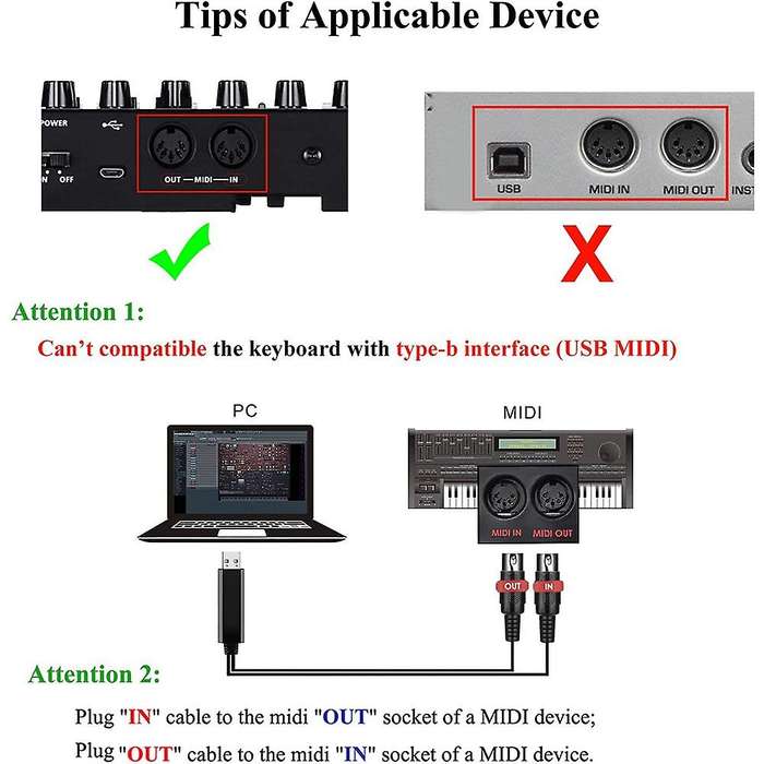 Usb Midi Cable Converter for Pc to Piano Keyboard In Studio 6.5ft