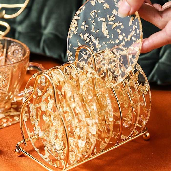 6pcs Acrylic Gold Foil Coaster Heat Insulation Cup Mat for Home B