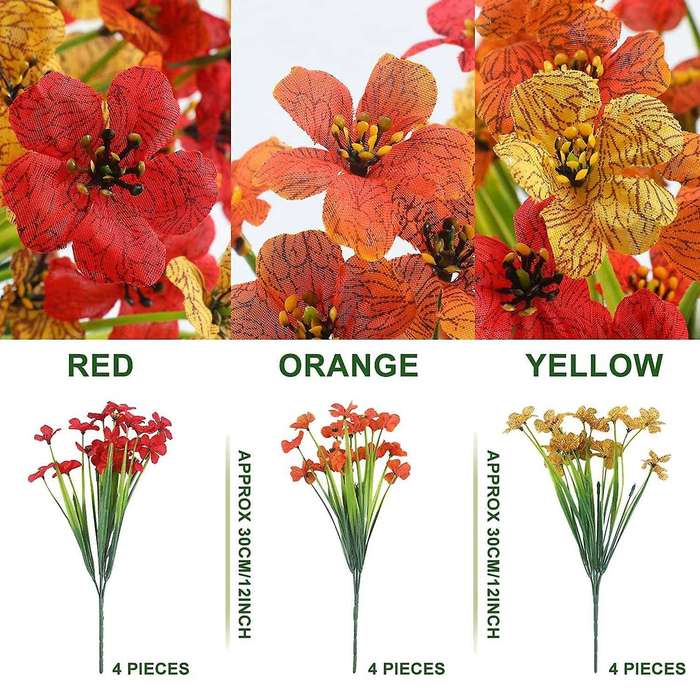 Artificial Outdoor Plants and Flowers 12 Bundles,red Yellow Orange