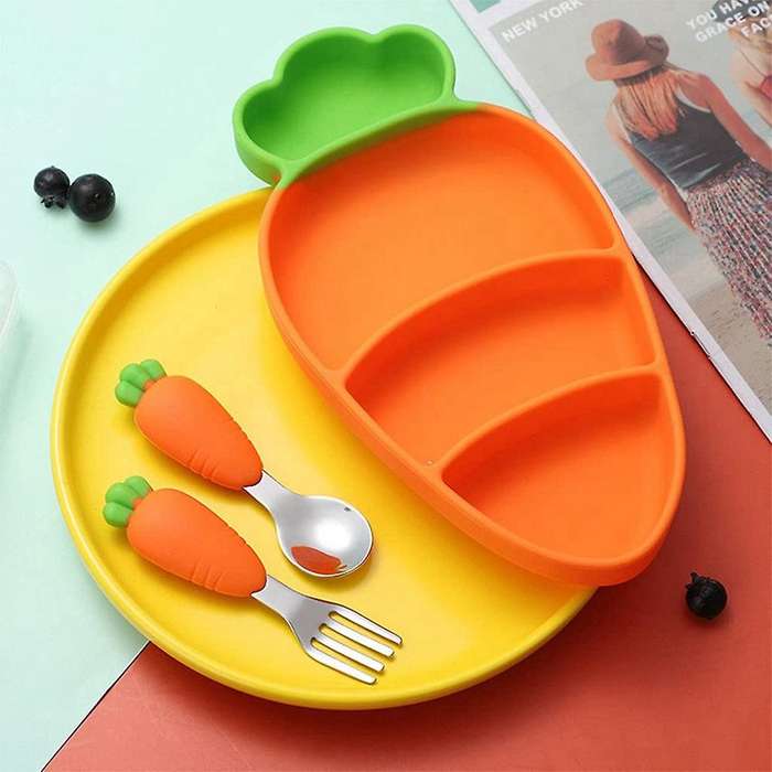 Cartoon Silicone Dinner Plate Set,carrot Shape Bowl with Spoon Fork