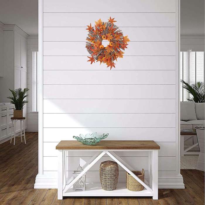 Artificial Fall Wreath, Wreath with Maple Leaves Pumpkin and Berries