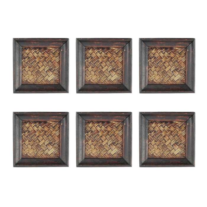 6pcs Wooden Frame Bamboo Woven Coaster Tea Set Cup Holder 10x10cm