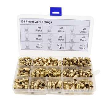 135pcs Hydraulic Metric Brass Zerk Grease Nipple Fitting Kit M6/M8/M10 Machinery Parts