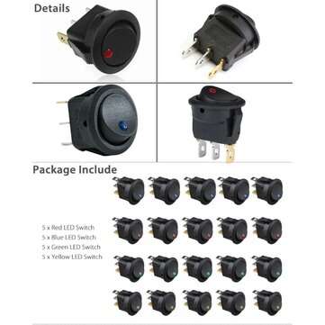 20PCS Rocker Switch Toggle 12V for Led Light Car Auto Boat Round ON/OFF SPST 20 AMP