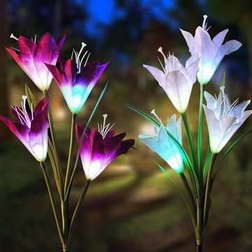 2pcs Solar Power 4 LED Lily Flower Lights Multi-Color Changing Outdoor Garden Patio Yard Stake Lamps