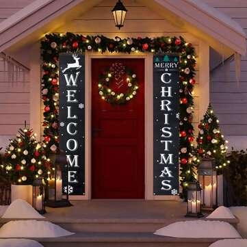 2Pcs Welcome Christmas Banner Set Front Door Room Door Antithetical Couplet Set For Chrismas New Yea