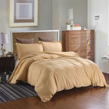 3 PCS Bedding Sets Solid Color With Stripes Quilt Cover Pillowcase For Queen Size (COLOR1: GOLD)