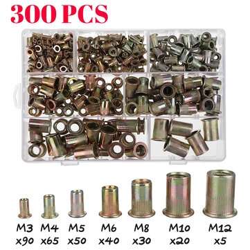 300Pcs M3/4/5/6/8/10/12 Carbon Steel Zinc Plated Rivet Nut Flat Head