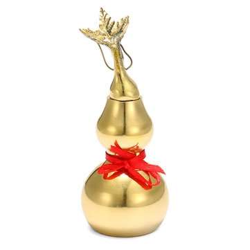 Gold Brass Feng Sui Gourd with Red Ribbon Good Luck Collection Decorations (SIZE: #2)