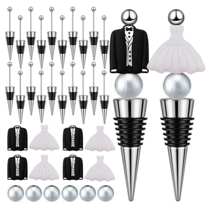 24 Sets Wedding Beadable Wine Bottle Stoppers Bride and Groom Beadable Items for Wedding Engagement