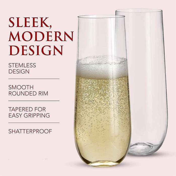 24 Stemless Plastic Champagne Flutes - 9 Plastic Champagne Glasses Clear Unbreakable Toasting Glass