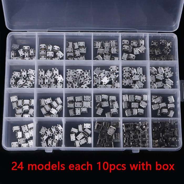240Pcs - 24 Models Micro-USB Box MINI Android Mobile Phone Charging Accessories Connector Socket Jac