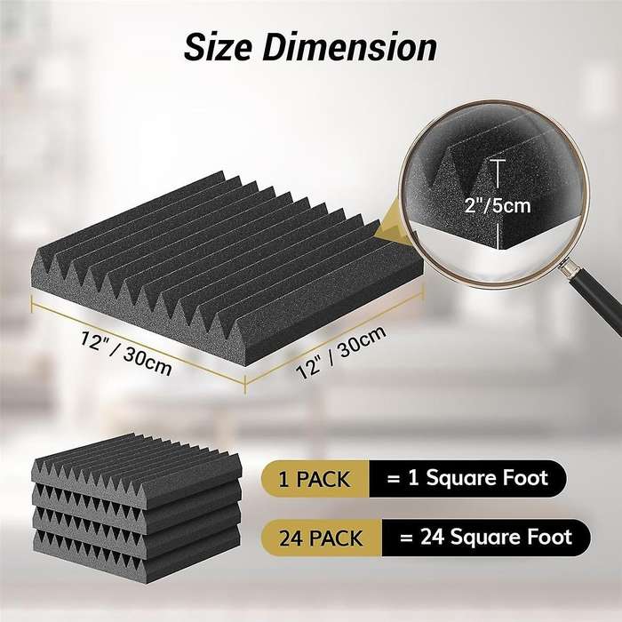 24Pack 2X12X12Inch Self-Adhesive Acoustic Foam Panels, Pyramid Designed Sound Pannels for Home and
