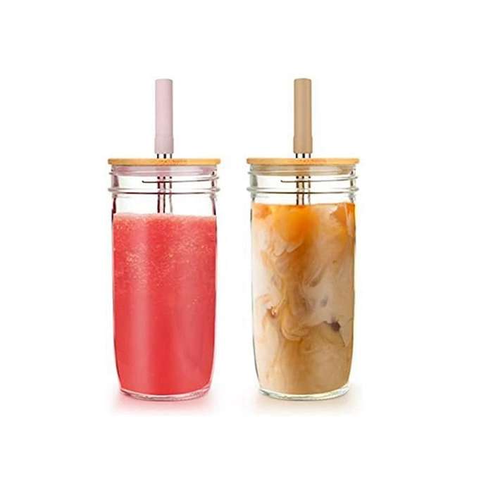 24oz Glass Tumbler Cup with Bamboo Lid and Straw Wide Mouth Mason Jar for Smoothies, Juice, Tea, Ice