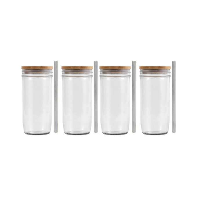 24oz Glass Tumbler Cup with Bamboo Lid and Straw Wide Mouth Mason Jar for Smoothies, Juice, Tea, Ice