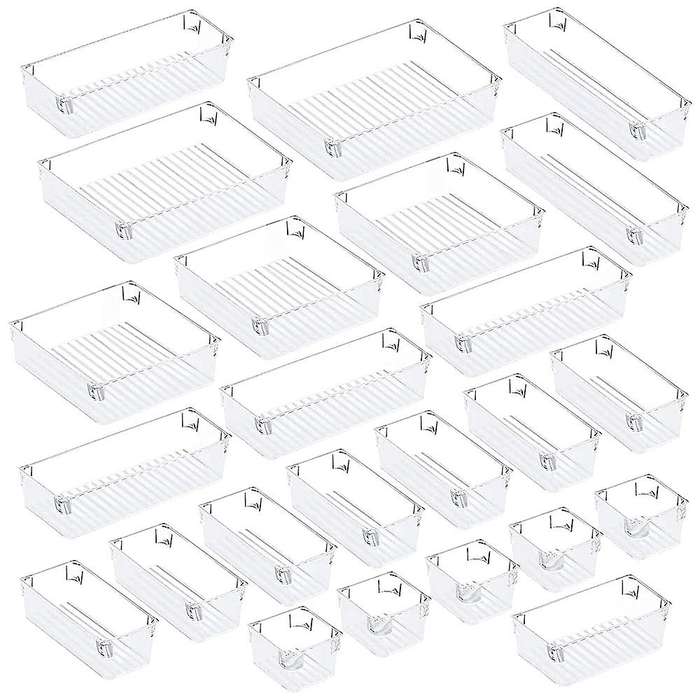 24Pcs Desk Drawer Organizer Set 5-Size Versatile Vanity and Desk Drawer Storage Bins, Clear Drawer O