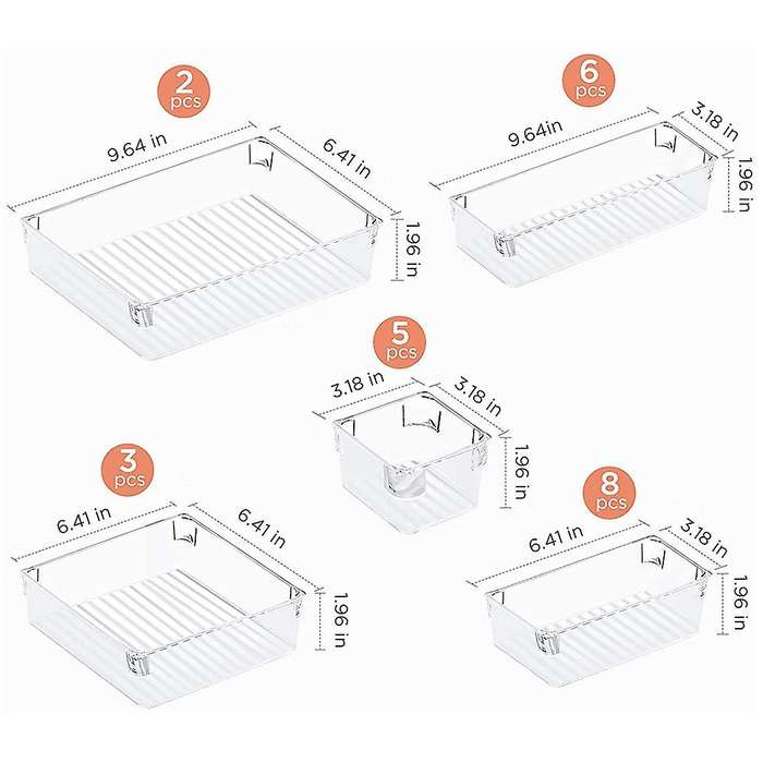 24Pcs Desk Drawer Organizer Set 5-Size Versatile Vanity and Desk Drawer Storage Bins, Clear Drawer O