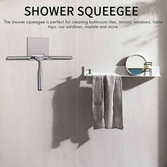 26cm Shower Squeegee Stainless Steel Premium Window Squeegee with Wall Hanger for Shower Doors, Bat