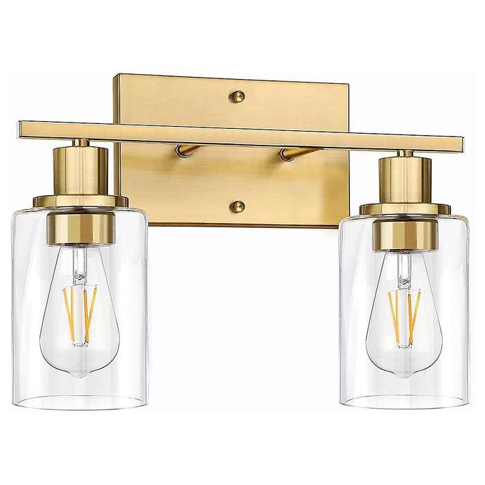 2-Light Gold Bathroom Vanity Light Fixtures, Modern Wall Lighting with Clear Glass Shade, Brushed Wa