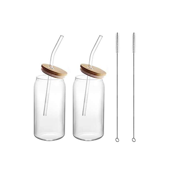 2pcs 16oz Glass Cups with Lids and Straws Clear Glass Cups for Coffee, Beer, Tea, Wine Glasses Bever