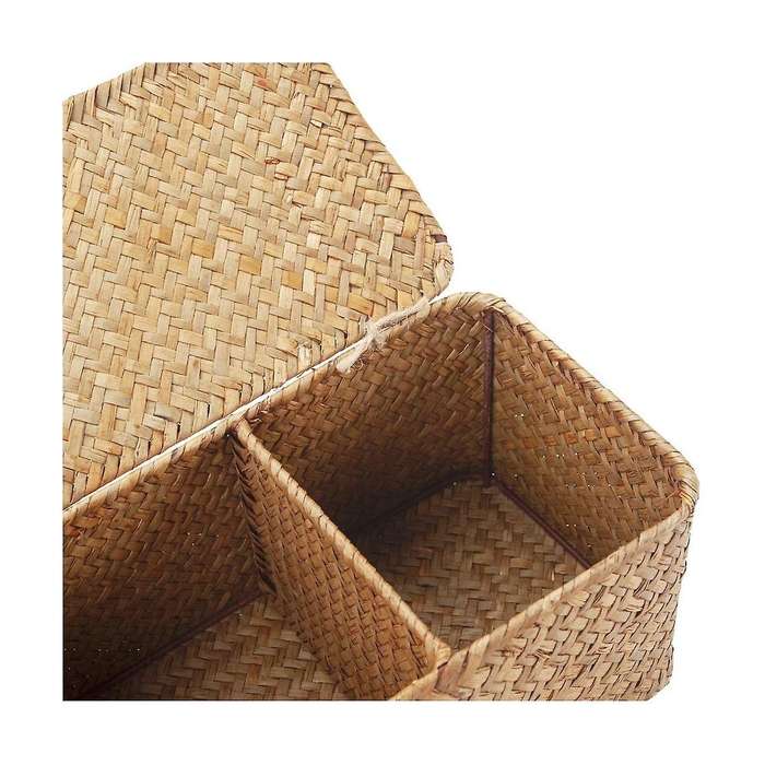 2pcs 3 Grids Hand-woven Water Hyacinth Baskets with Lid, Straw Storage Basket