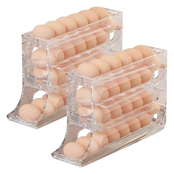 2Pcs 4 Tiers Egg Holder for Fridge, Automatic Scrolling Dispenser Egg Rack Holder, Storage 30 Egg fo