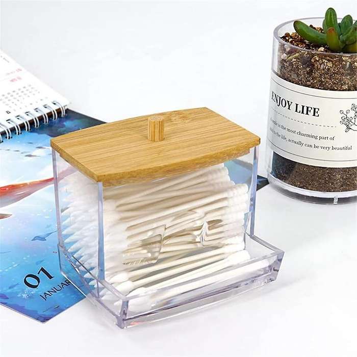 2pcs Acrylic Cotton Swab Box with Bamboo Cover In Bathroom, Bathroom Counter, Cotton Swab Storage T