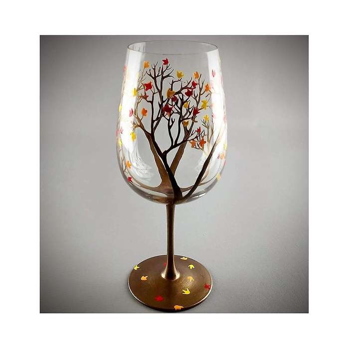 2pcs Autumn Tree Wine Glass - Fall Colors - Leaves Of Red, Yellow, Orange - Hand Painted - Fall Leaf