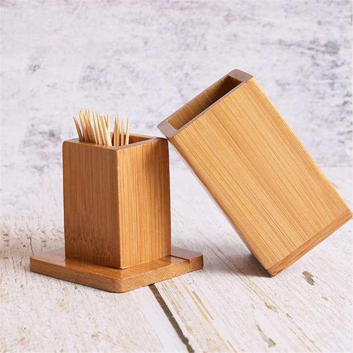 2PCS Bamboo Toothpick Dispenser Toothpick Container Holders Square Round Toothpick Box Decoration fo