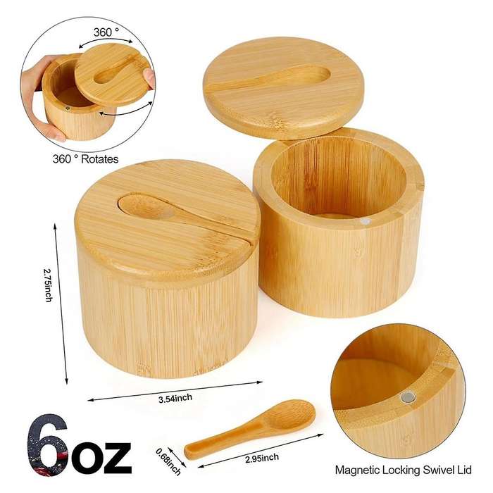 2Pcs Bamboo Salt Cellar Spice Storage Box with Magnetic Swivel Lid & Spoon for Pepper, Table Salt, G