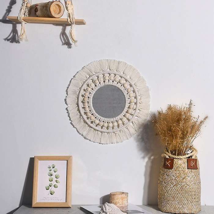 2Pcs Boho Wall Hanging Mirror Macrame Mirror Wall Decor for Apartment Living Room Bedroom Baby Nurse
