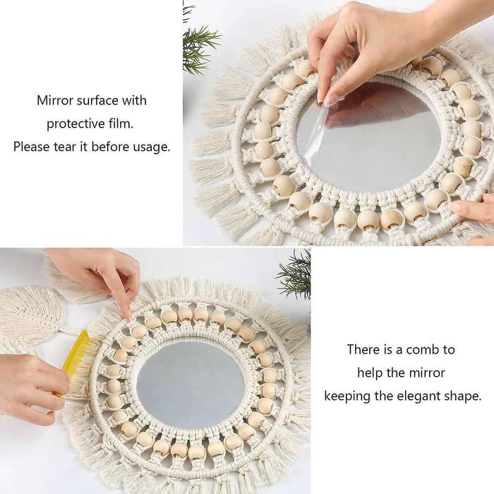 2Pcs Boho Wall Hanging Mirror Macrame Mirror Wall Decor for Apartment Living Room Bedroom Baby Nurse