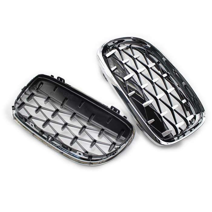 2Pcs Car Front Bumper Hood Kidney Grille Diamond Meteor Racing Grill Painted Chrome for - 3 Series E