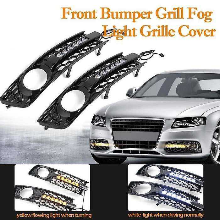 2Pcs Car Front Fog Light Grille Flowing LED DRL Daytime Running Light Turn Signal Lamp Mesh Cover Gr