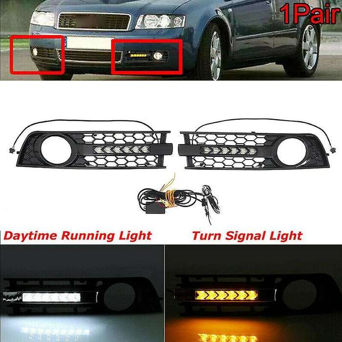 2Pcs Car Front Fog Light Grille Flowing LED DRL Daytime Running Light Turn Signal Lamp Mesh Cover Gr