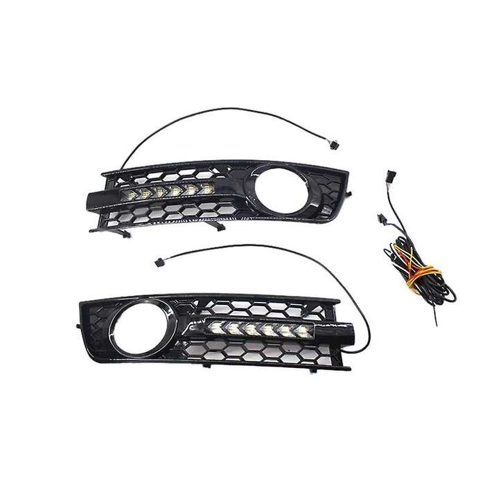 2Pcs Car Front Fog Light Grille Flowing LED DRL Daytime Running Light Turn Signal Lamp Mesh Cover Gr
