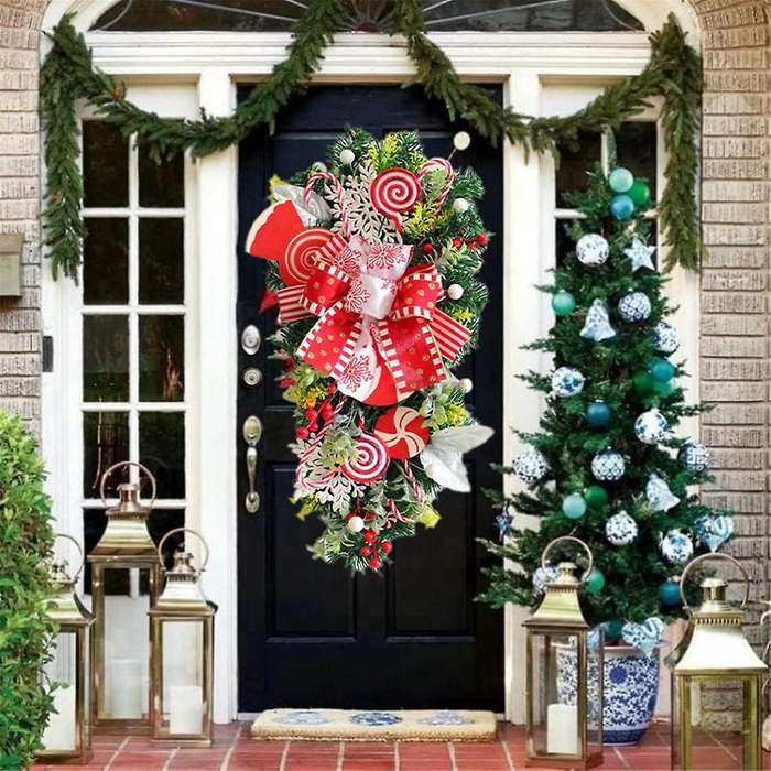 2pcs Christmas Candy Cane Wreath for Front Door Christmas Stairway Decorations Christmas Wreath for