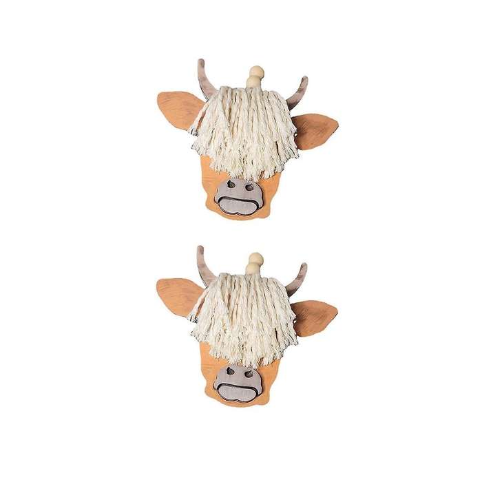 2PCS Cow Head Pendant Macrame Car Charm Horn Wooden Pendant Decorative Cattle Rear View Mirror Hang