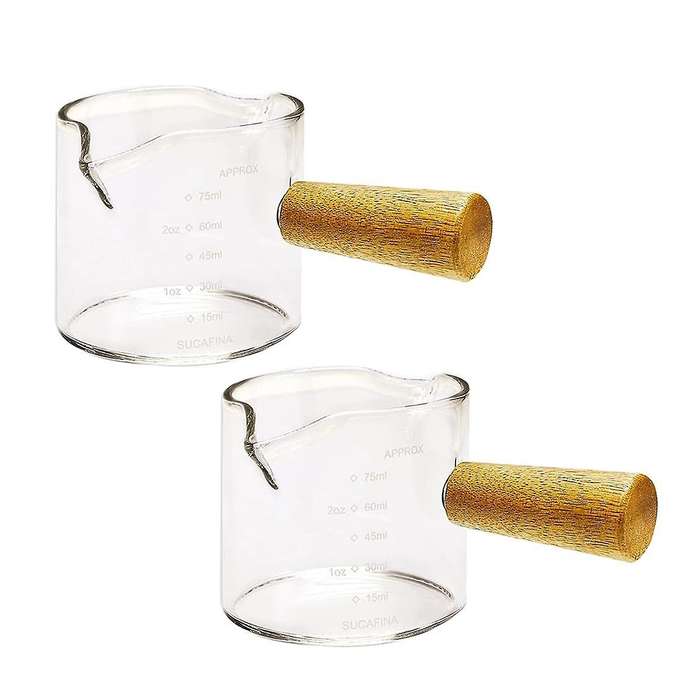 2Pcs Double Spouts Espresso Shot Glasses Measuring Glass Espresso Cups Cookware with Wood Handle for
