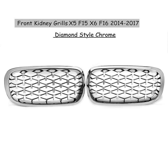 2PCS Front Kidney Diamond Meteor Style Grille Grills for - X5 F15 X6 F16 2014-2017 Racing Grill Chro