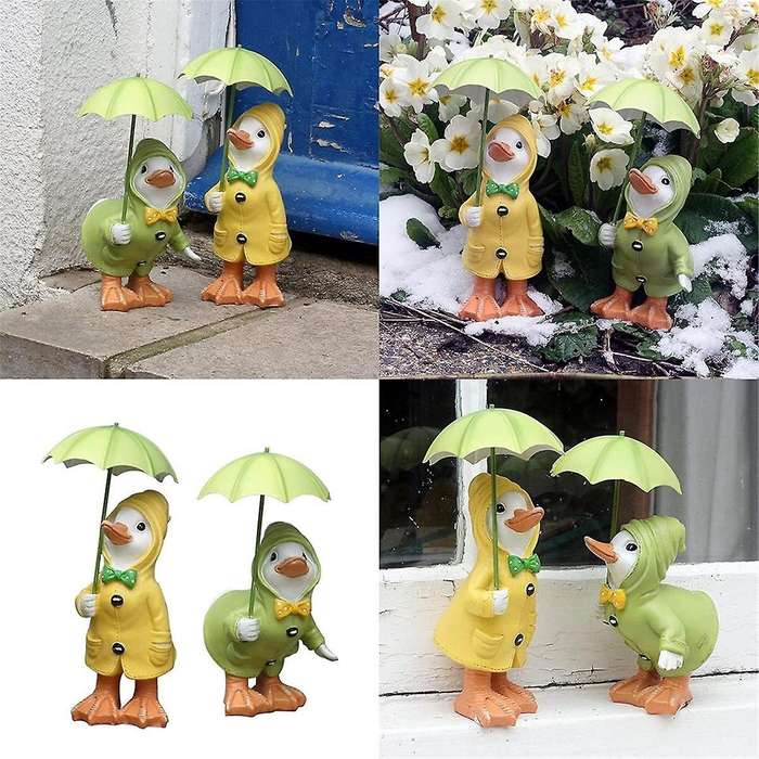 2pcs Garden Ducks Statues, 1 Pair Cute Little Ducks with Umbrella Garden Resin Ornament Garden Duck