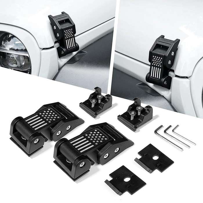 2PCS Hood Latches Catch Kit with U.S. Flag Style Black Aluminum for Wrangler JK JKU 2007-2018