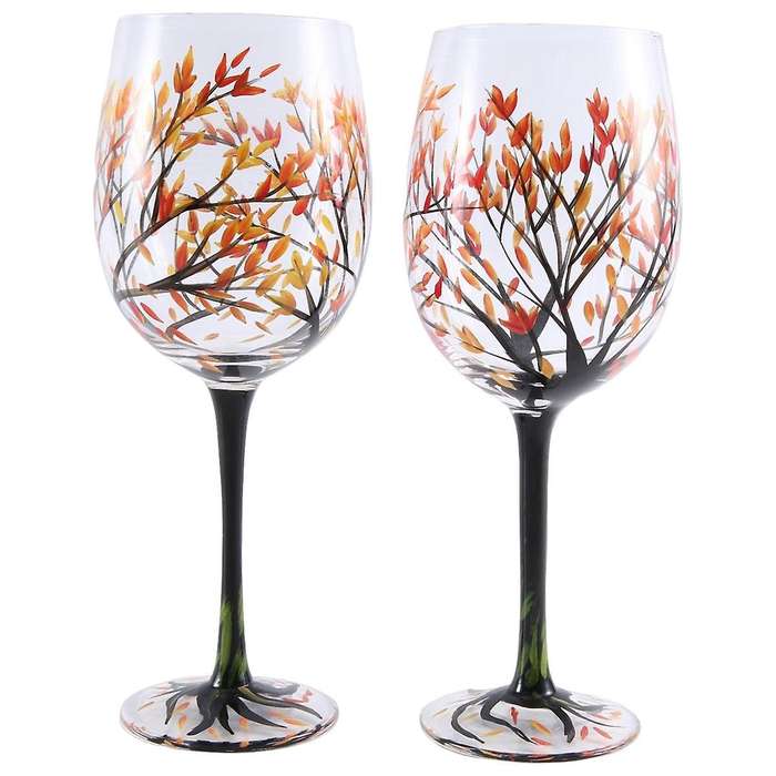 2pcs Hot-autumn Tree Wine Glass - Fall Colors - Leaves Of Red, Yellow, Orange - Hand Painted - Fall