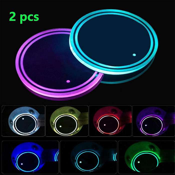 2Pcs LED Cup Holder Lights,Car Coasterss with 7 Colors Luminescent Light,Cup Mat for Automotive Inte
