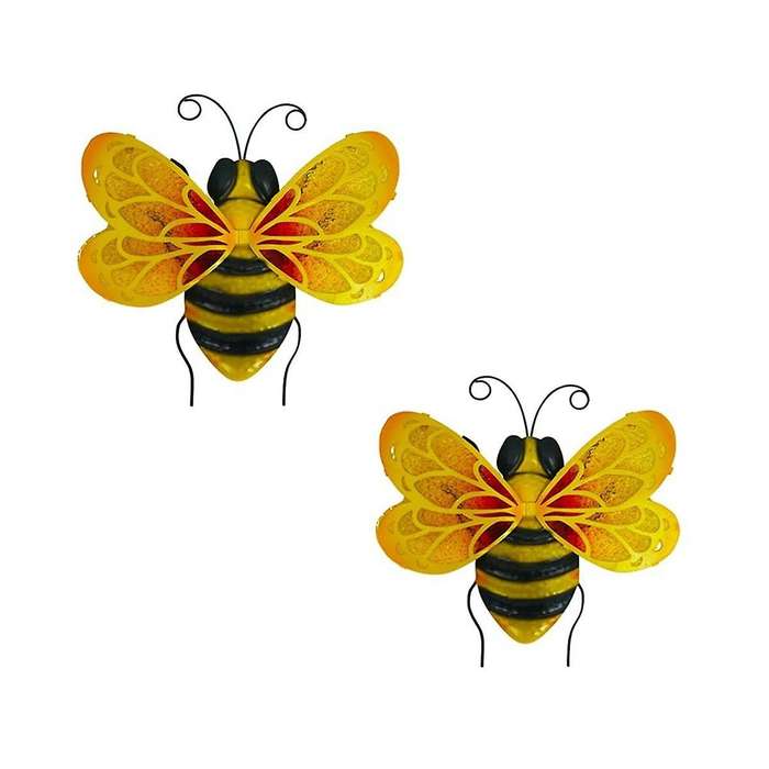 2PCS Metal Bee Wall Art Bee Outdoor Decor Hanging Garden Wall Decor Outside Bee Glass Sculpture Dec