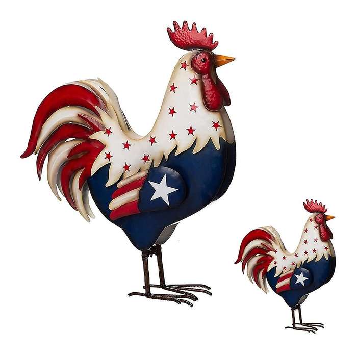 2PCS Metal Patriotic Rooster Porch Decor, Yard Chicken Figurine Sculpture, for the Fourth of July U
