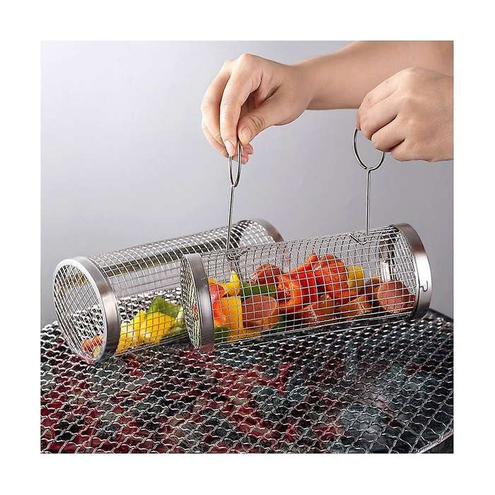 2pcs Rolling Grill Basket Stainless Steel Wire Mesh Cylinder Grilling Basket Outdoor Round Grill Ba
