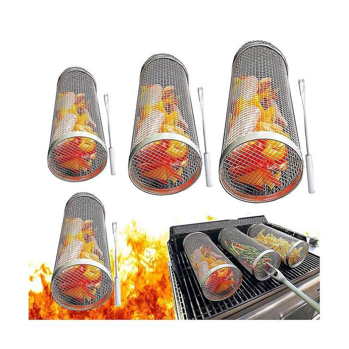 2pcs Rolling Grill Basket Stainless Steel Wire Mesh Cylinder Grilling Basket Outdoor Round Grill Ba